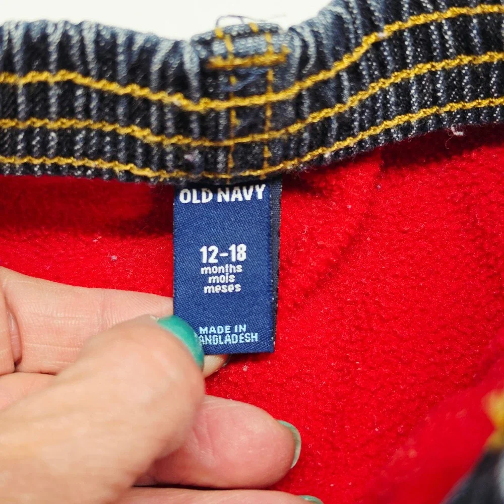 Old Navy Toddler Boys Fleece Lined Denim Jeans Dark Wash Blue Red 12-18 Months